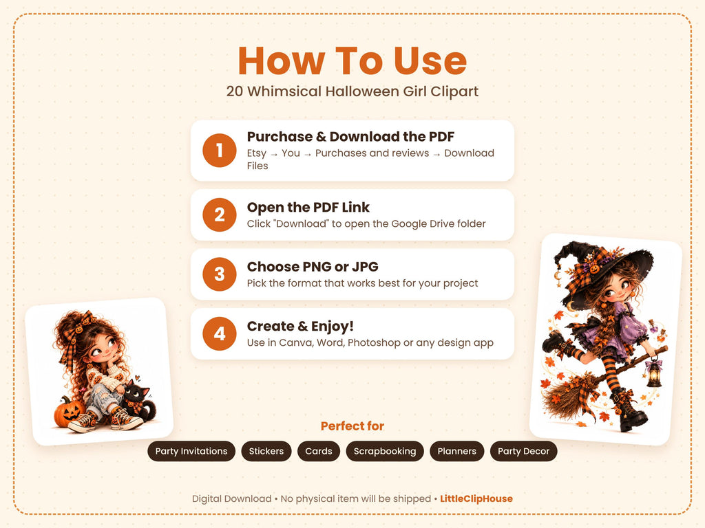 20 Whimsical Halloween Girl Clipart, Cute Halloween Clip Art PNG JPG, Witch Girl, Pumpkin, Black Cat, Fall Girl Illustrations Bundle