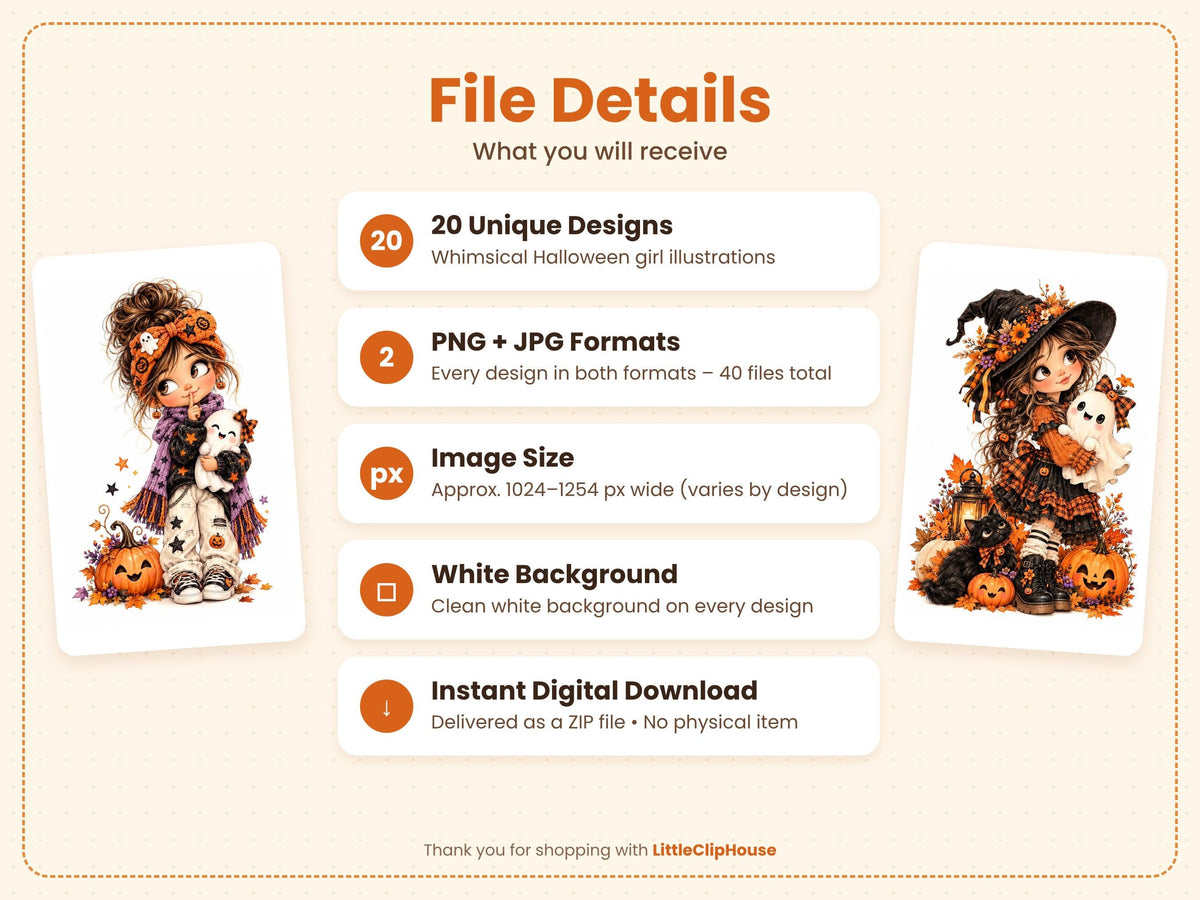 20 Whimsical Halloween Girl Clipart, Cute Halloween Clip Art PNG JPG, Witch Girl, Pumpkin, Black Cat, Fall Girl Illustrations Bundle