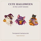 35 Cute Halloween Clipart PNG Bundle, Watercolor Ghosts, Pumpkins, Cats & Witches, Transparent Background, Digital Download