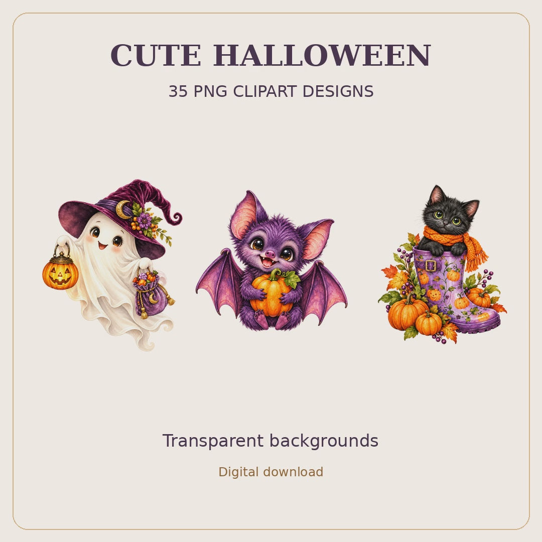 35 Cute Halloween Clipart PNG Bundle, Watercolor Ghosts, Pumpkins, Cats & Witches, Transparent Background, Digital Download
