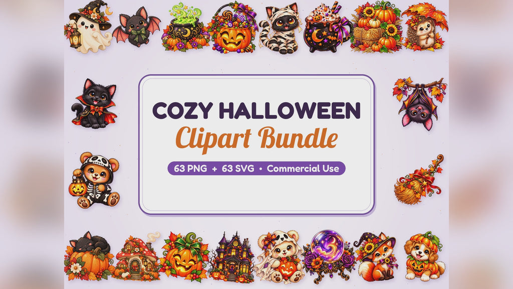 Cute Halloween Clipart Bundle, 63 PNG SVG, Cozy Fall Clipart, Kawaii Ghost Black Cat Pumpkin, Transparent PNG, Commercial Use Download